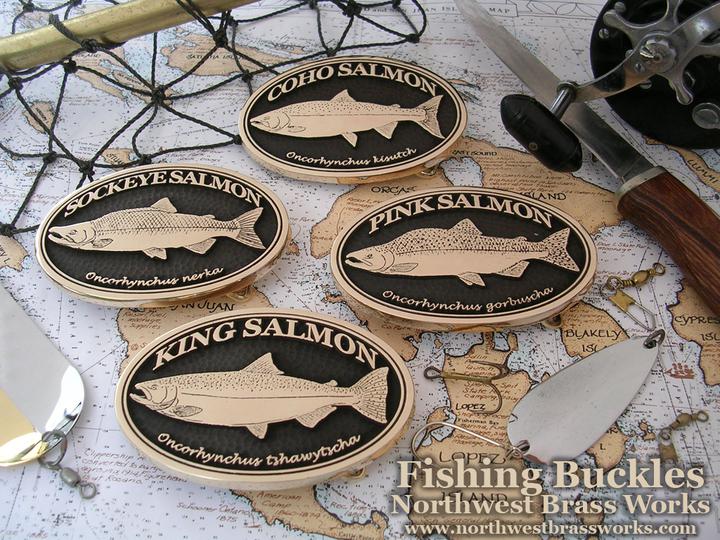 Sport Fishing Belt Buckles Salmon, Stealhead, Rainbow Trout, Striped Bass, Albacore, Yellowfin Tuna, Bass, Mahi Mahi, Buckles for the Fisherman Fish for Food Northwest Brass Works