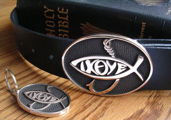 Jesus Fish IXOYE Belt Buckle Follow Me, and I will make you fishers of men Stand firm then, with the belt of truth buckled around your waist Holy Bible KJV NASB NKJV ASV Harvest Key Fob Yeshua Passover Father Son Holy Spirit Bible Verse Gospels Mathew Mark Luke John Revelation Genesis Exodus Leviticus Numbers Deuteronomy esword red letters Northwest Brass Works