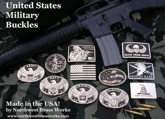 US Military Belt Buckles Army Navy Air Force Marines Coast Guard Merchant Marine Civil AIr Patrol Solid Brass Made in the USA American Flag Reverse Northwest Brass Works